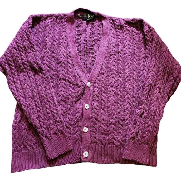Vintage Hunt Club Cardigan Sweater Men's Large Burgundy Maroon Cable Cotton - Picture 1 of 4